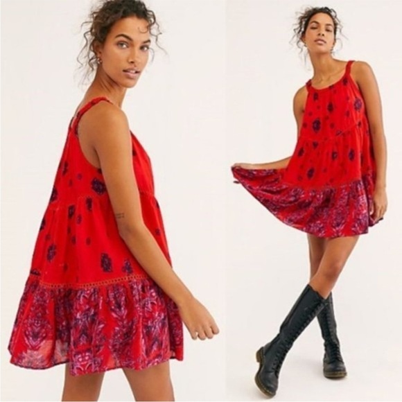 BOGO! Free People Intimately Free Talk To Me Tiered Slip Dress Red Small - Picture 2 of 9
